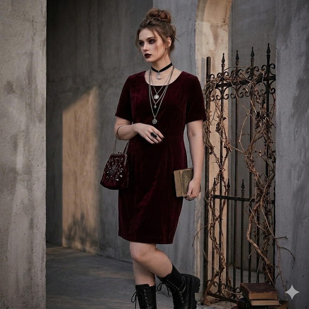 My Michelle Burgundy Velvet Short Sleeve Shift Dress Petite 14P 7723-7085